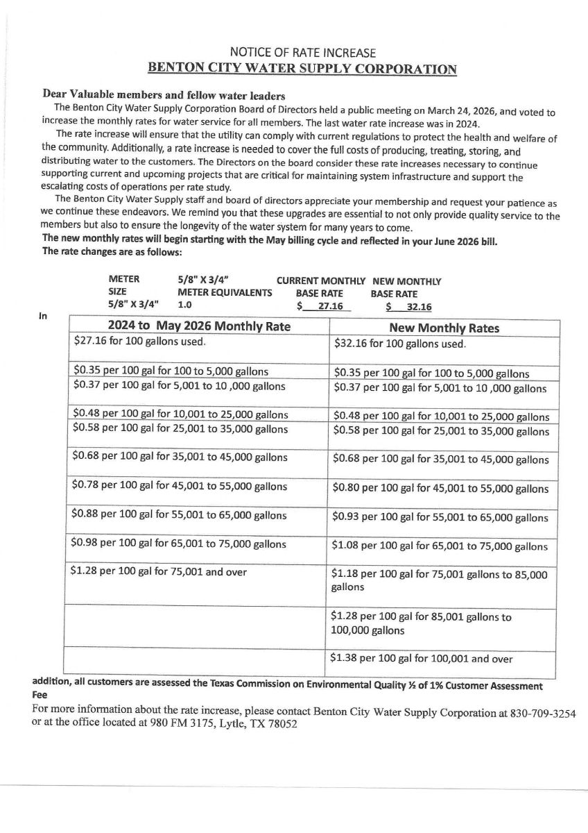 2026 Notice of Rate Increase